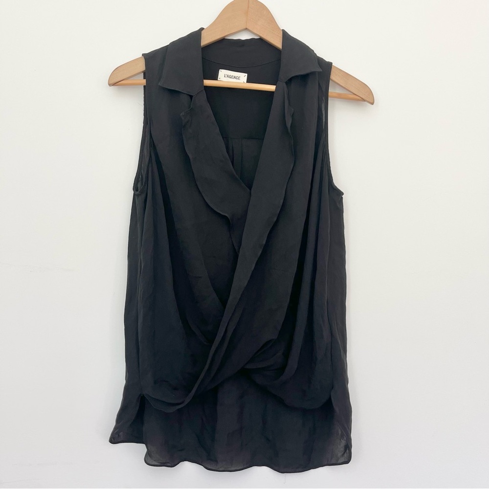 L’AGENCE 100% Silk Drape Faux Wrap Top Blouse Black Sleeveless Tank Women’s M